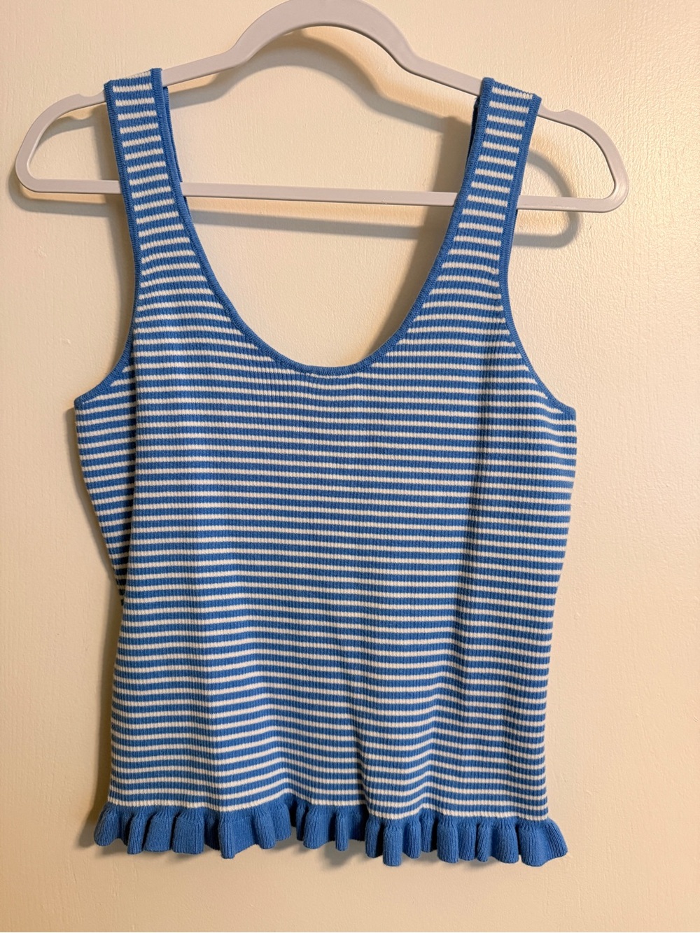 Blue & White Striped Ruffle Hem Tank Top